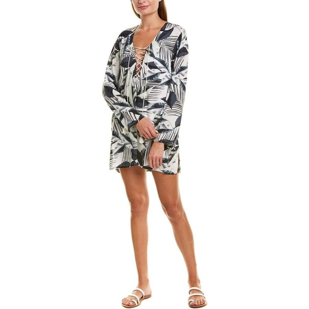 La Blanca Resortwear Womens  Lace-Up Leaf Print Tunic Dress XL Black & White NWT